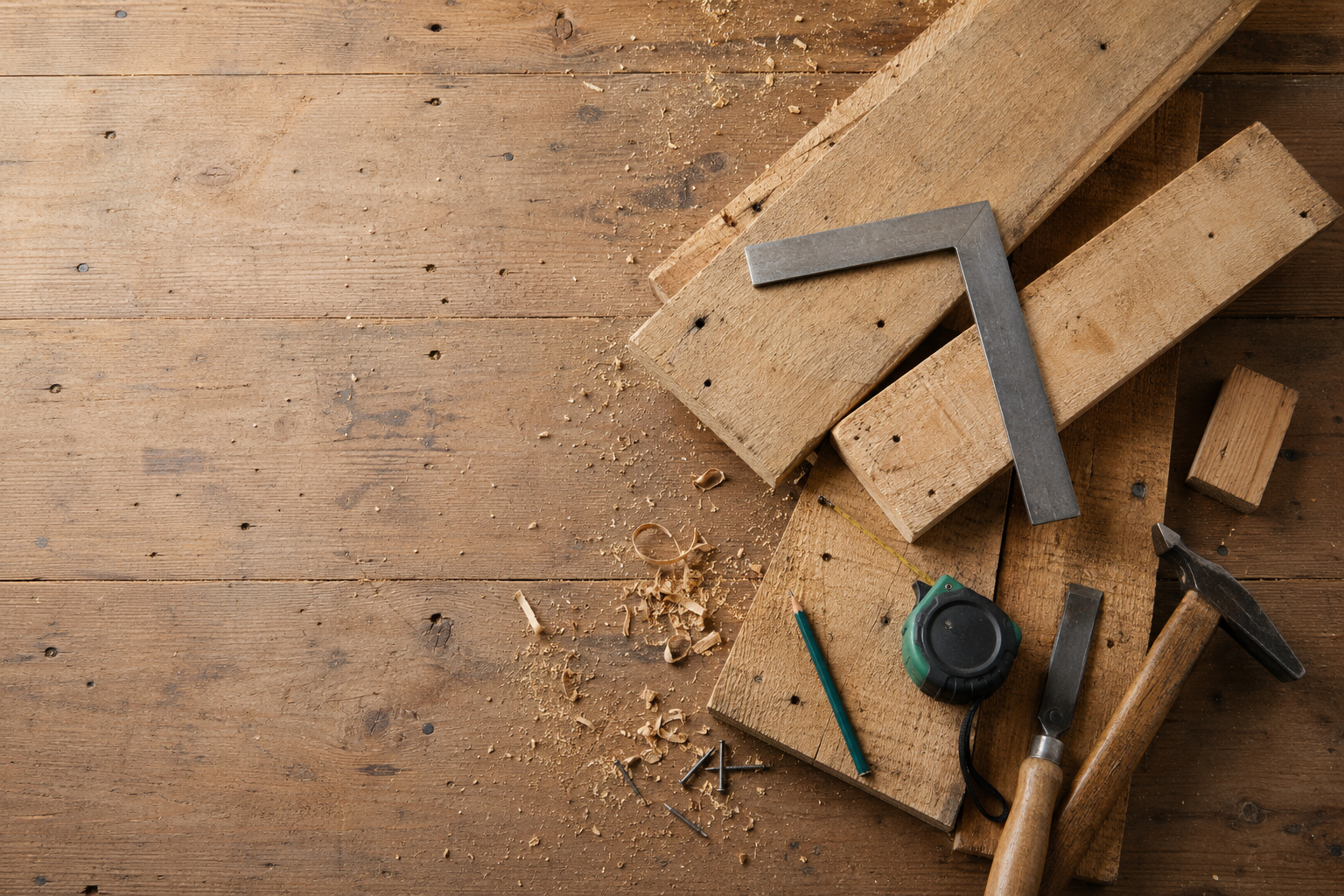 Planches de palettes et outils de travail du bois