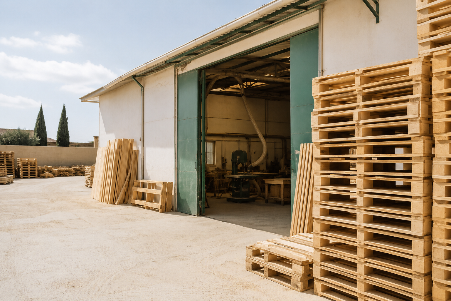 Entrée d’un atelier avec stock de palettes