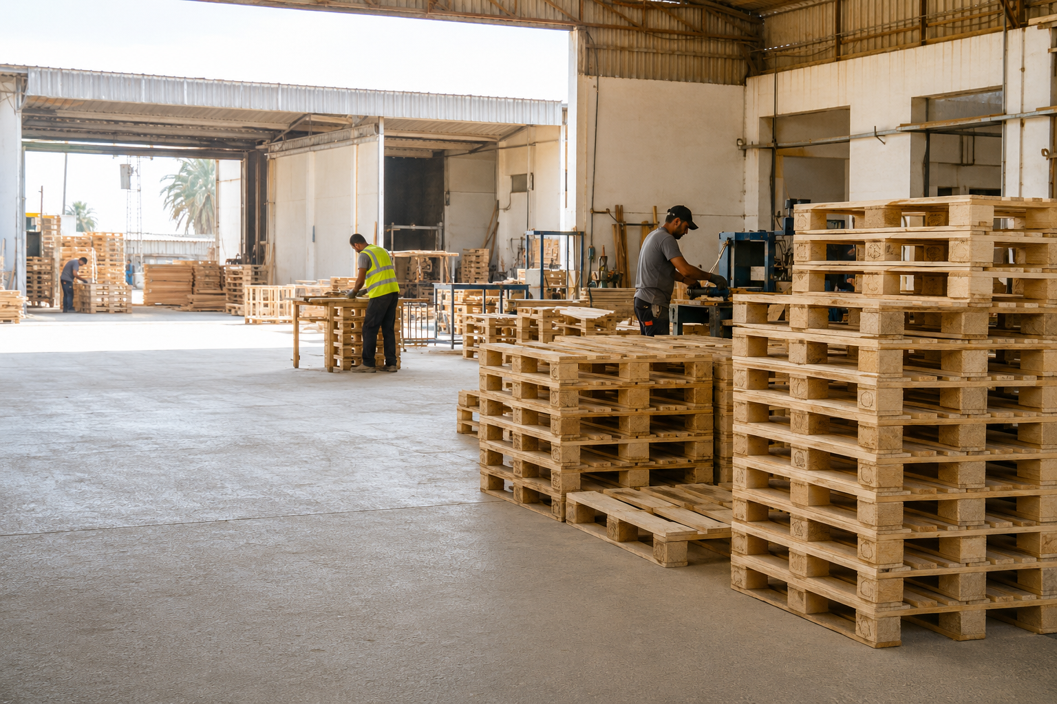 Atelier industriel avec palettes en bois empilées