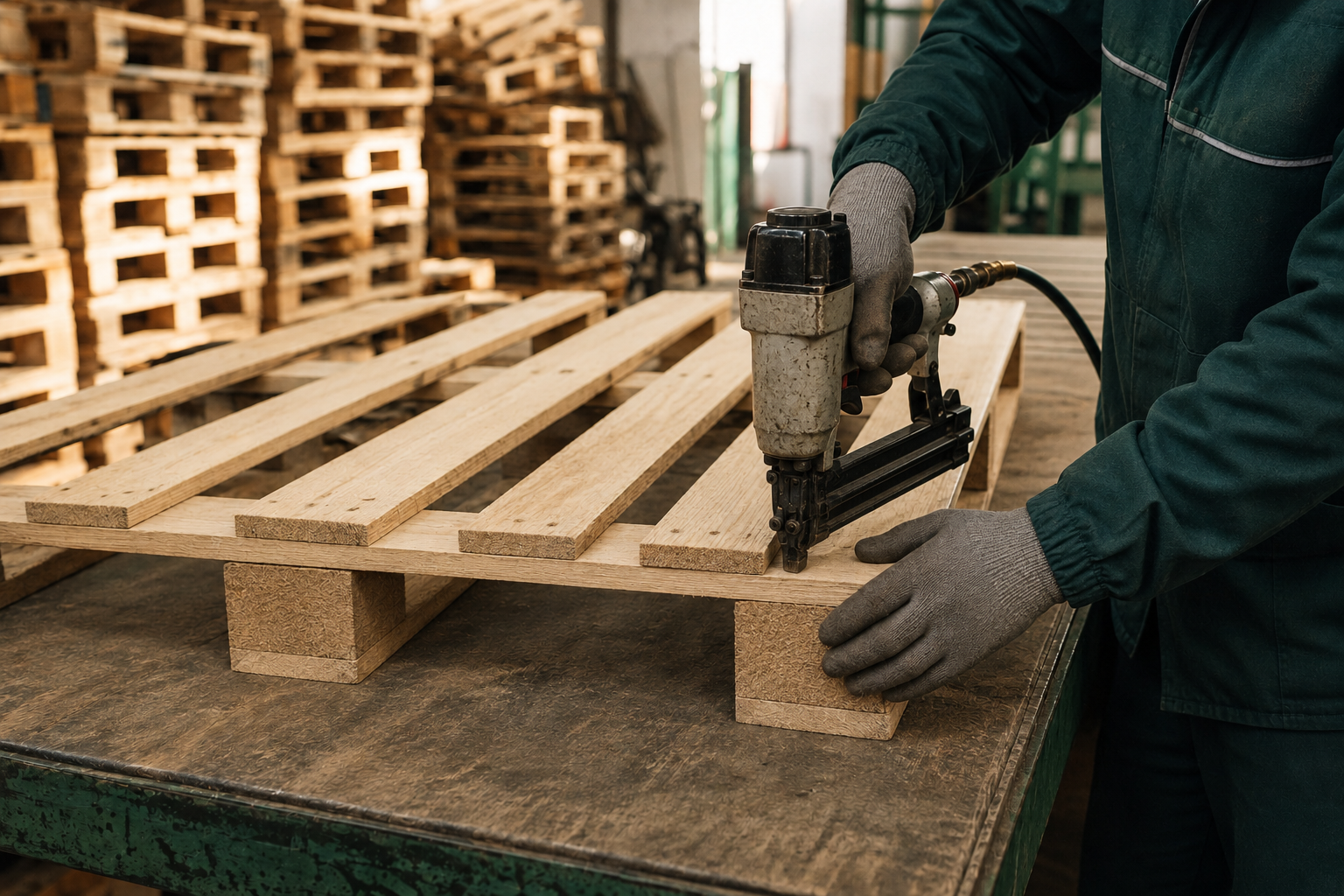 Réparation propre d’une palette recyclée au pistolet pneumatique